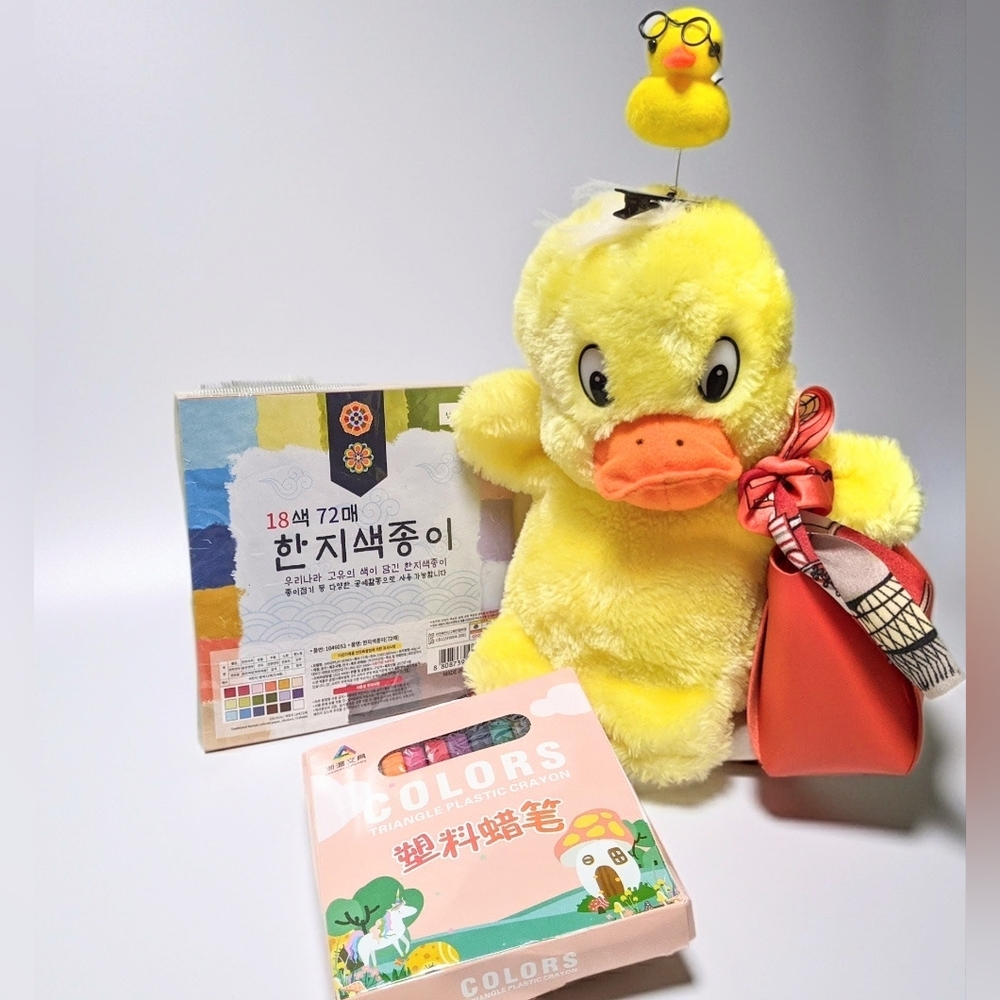 Yellow Duck Puppet Set :New hair pin 72 Krn origami paper 24 Crayons bag new